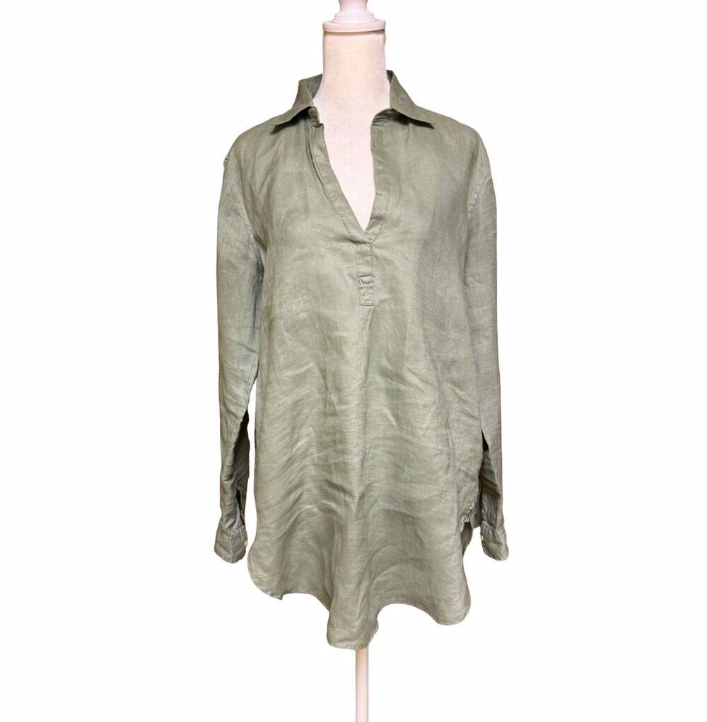 GAP Green Linen Woven Button-Up Collared Long Sleeve Blouse Top Size S